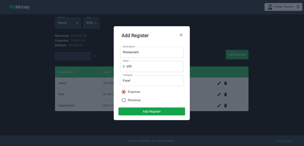 Screenshot da aplicação MyMoney (2)