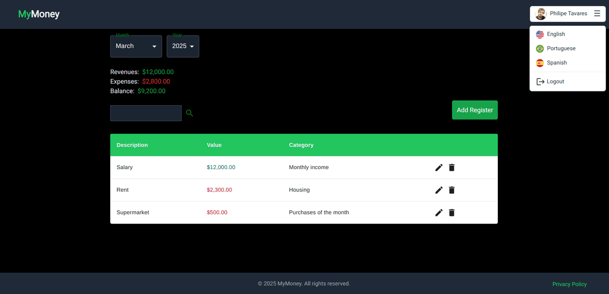 Screenshot da aplicação MyMoney (1)